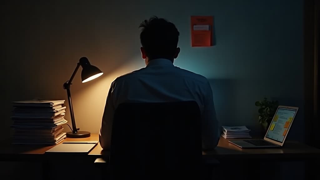 A business owner working late at a cluttered desk under a single lamp